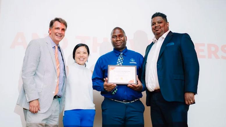 L to R: Andy Kopplin of Greater New Orleans Foundation, Andrea Chen of Propeller, Grand Prize Winner Fabian Harper of Flourish Horticulture, Chuck Morse of Thrive New Orleans. Image courtesy of Tyler Conde.